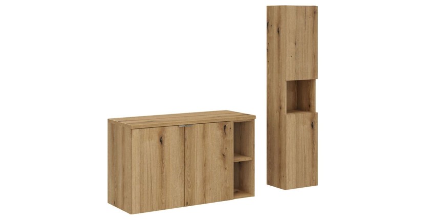Ensemble VANO 130cm chêne : meubles sous vasque à placards avec niches visible, plan pour vasque et colonne