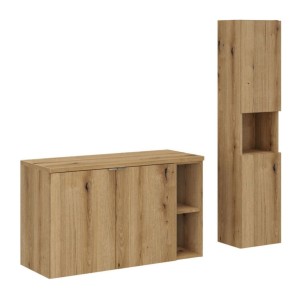 Ensemble VANO 130cm chêne : meubles sous vasque à placards avec niches visible, plan pour vasque et colonne