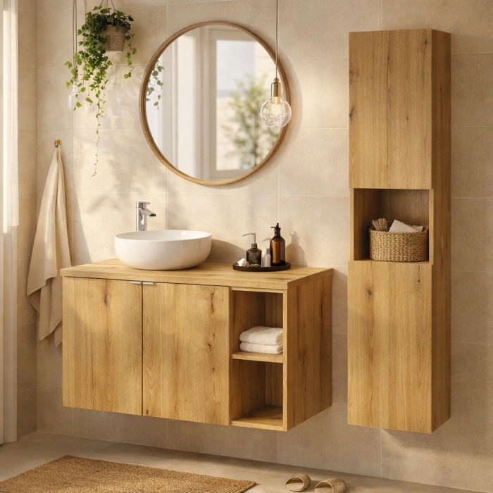 Set VANO effetto rovere 130cm: mobile sottolavabo con armadietti e nicchie a vista + piano per lavabo + colonna