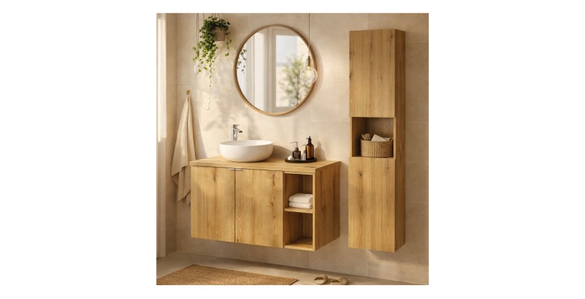 Ensemble VANO 130cm chêne : meubles sous vasque à placards avec niches visible, plan pour vasque et colonne mis en situation
