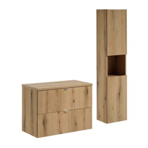 Ensemble VANO 110cm chêne : meuble sous vasque à tiroirs, plan pour vasque et colonne