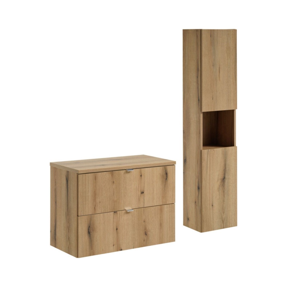 Ensemble VANO 110cm chêne : meuble sous vasque à tiroirs, plan pour vasque et colonne