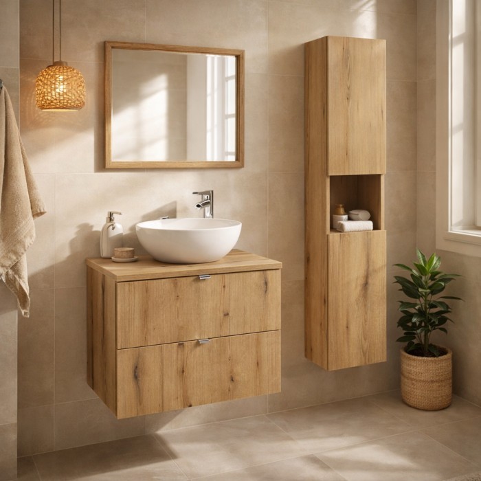 Hängendes Badezimmer-Set VANO in Eichenoptik 110cm: Unterschränke mit Schubladen + Waschtischplatte + Hochschrank