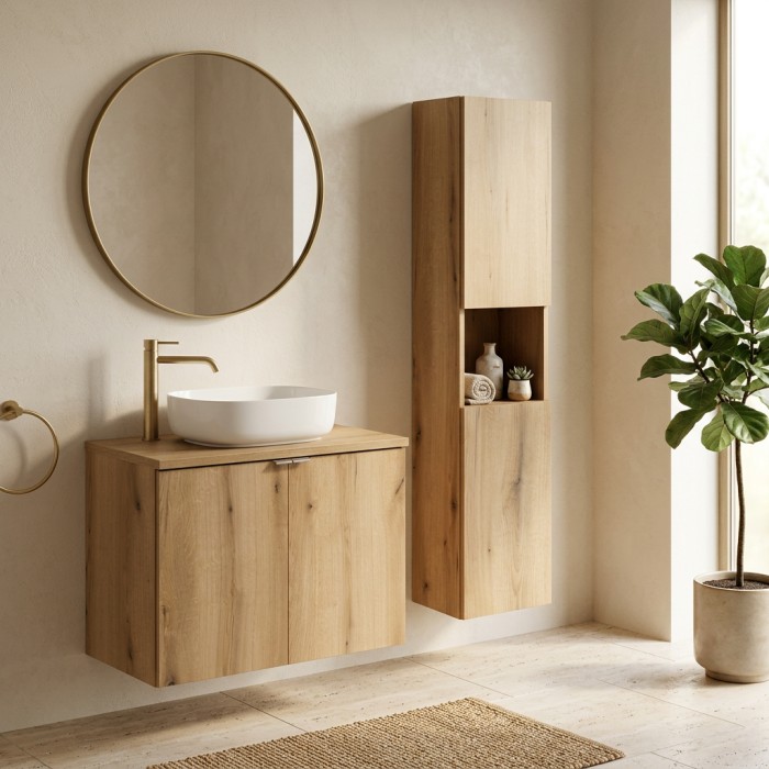 Hängendes Badezimmer-Set VANO in Eichenoptik 110cm: Unterschränke mit Schränken + Waschtischplatte + Säule