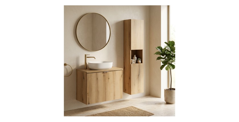 ensemble VANO chêne 110cm : meuble sous vasque à placards, plan pour vasque et colonne mis en situation