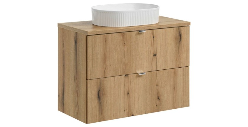 Ensemble VANO 80cm chêne : meuble sous vasque à tiroirs, plan pour vasque et vasque à poser
