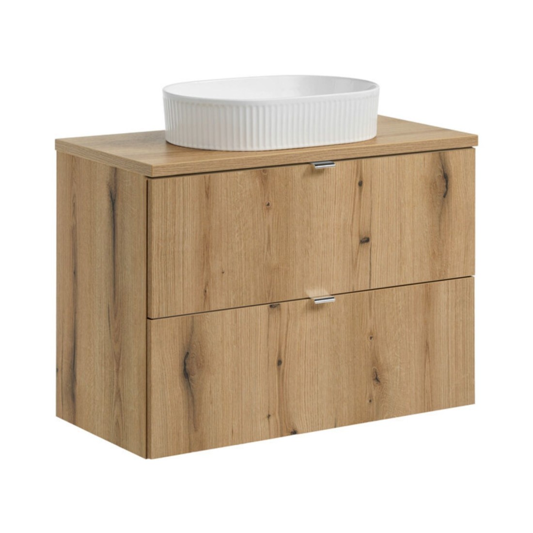 Ensemble VANO 80cm chêne : meuble sous vasque à tiroirs, plan pour vasque et vasque à poser