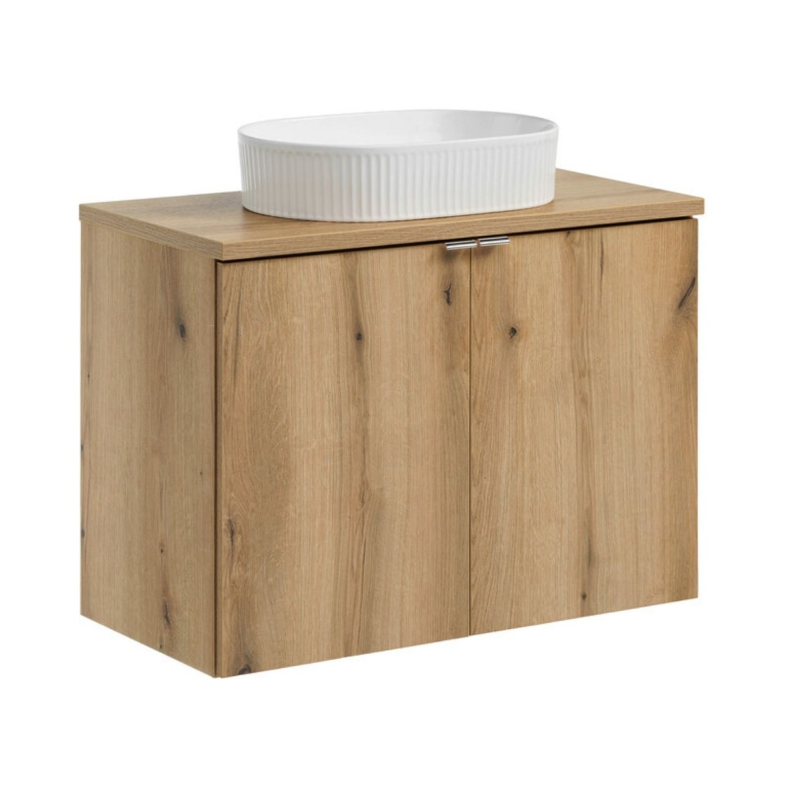 Ensemble VANO chêne 80cm : meuble sous vasque à placards, plan pour vasque et vasque à poser