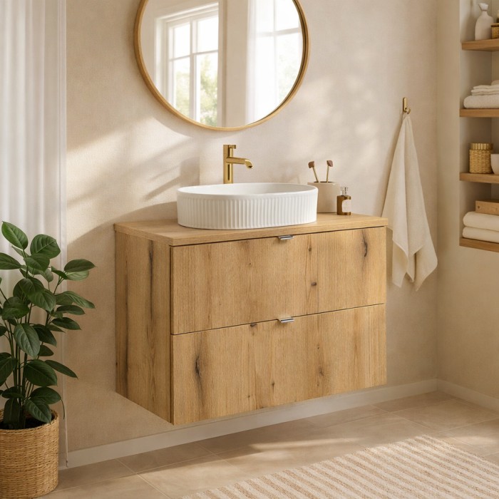 Conjunto de baño suspendido VANO aspecto roble 80cm: muebles bajo lavabo con cajones + encimera para lavabo