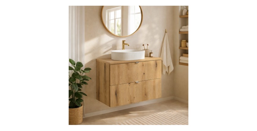 Ensemble VANO chêne 80cm : meuble sous vasque à tiroirs et plan pour vasque mis en situation