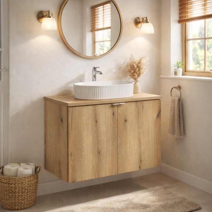 Conjunto de baño suspendido VANO acabado en roble 80cm: muebles bajo lavabo con armarios + encimera para lavabo
