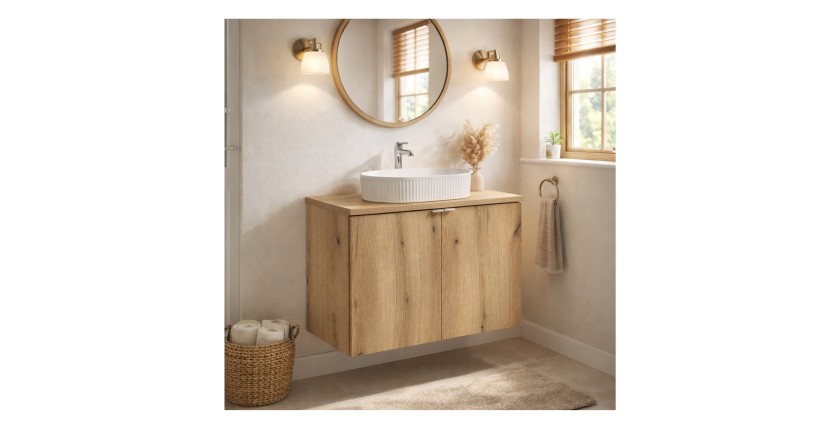 Ensemble VANO 80cm chêne : meuble sous vasque à placards et plan pour vasque mis en situation
