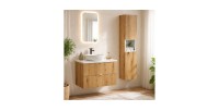 Ensemble VANO chêne et blanc 110cm : meuble sous vasque à tiroirs, plan pour vasque blanc et colonne mis en situation
