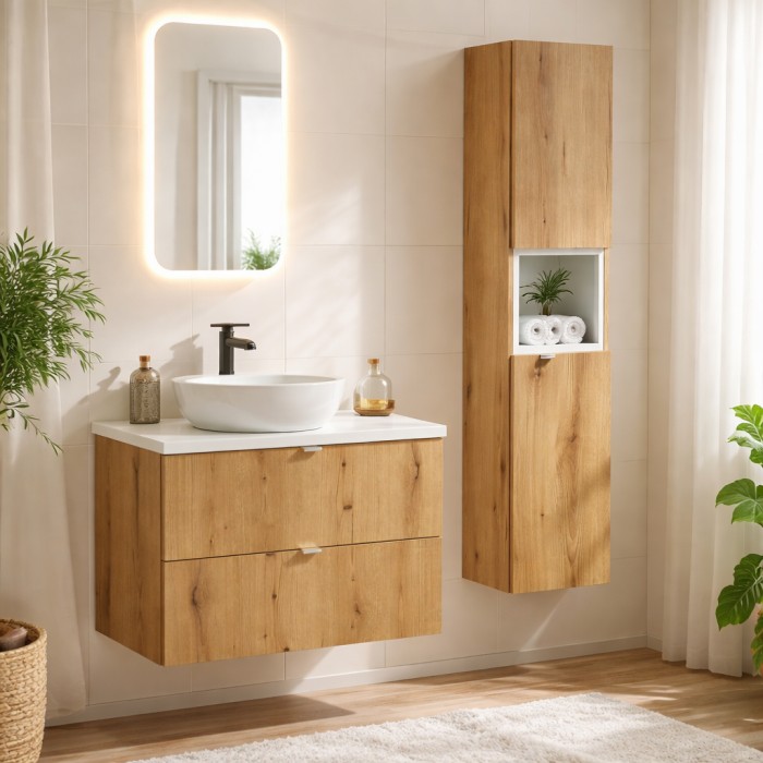 Conjunto para baño VANO acabado en roble y blanco 110cm: muebles bajo lavabo con cajones + encimera para lavabo + columna