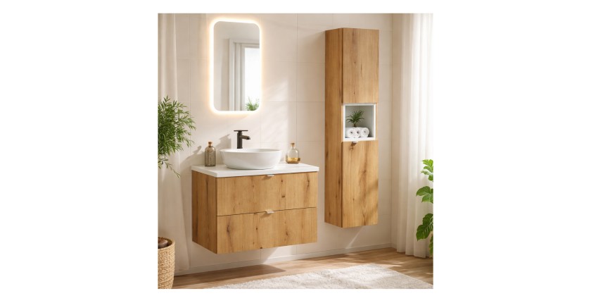 Ensemble VANO chêne et blanc 110cm : meuble sous vasque à tiroirs, plan pour vasque blanc et colonne mis en situation