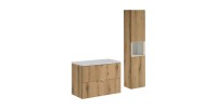 Ensemble VANO chêne et blanc 110cm : meuble sous vasque à tiroirs, plan pour vasque blanc et colonne