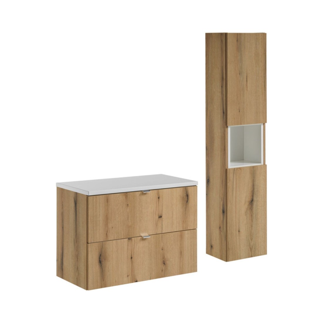 Ensemble VANO chêne et blanc 110cm : meuble sous vasque à tiroirs, plan pour vasque blanc et colonne