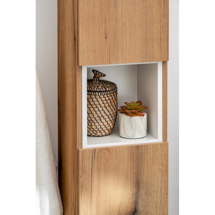 Set da bagno VANO in rovere e bianco 110cm: mobile sotto lavabo con ante + piano per lavabo + colonna