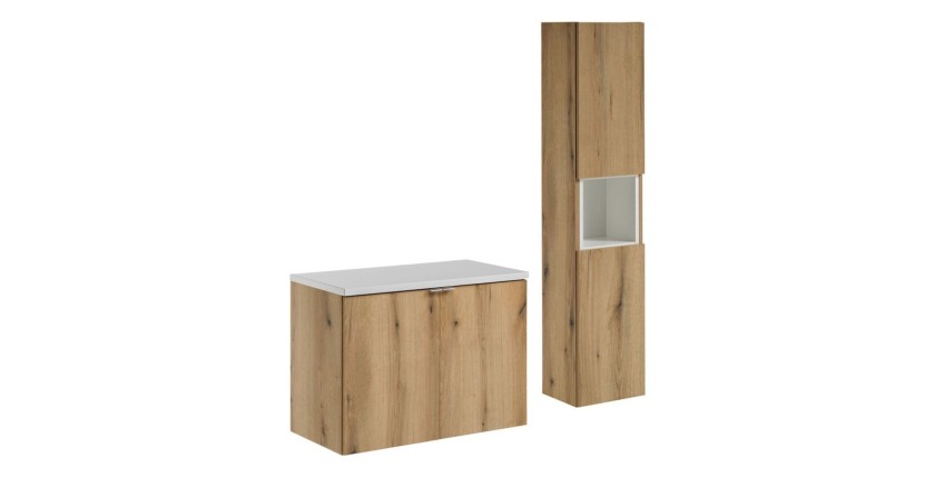 Ensemble VANO chêne et blanc 110cm : meuble sous vasque à placards, plan pour vasque blanc et colonne