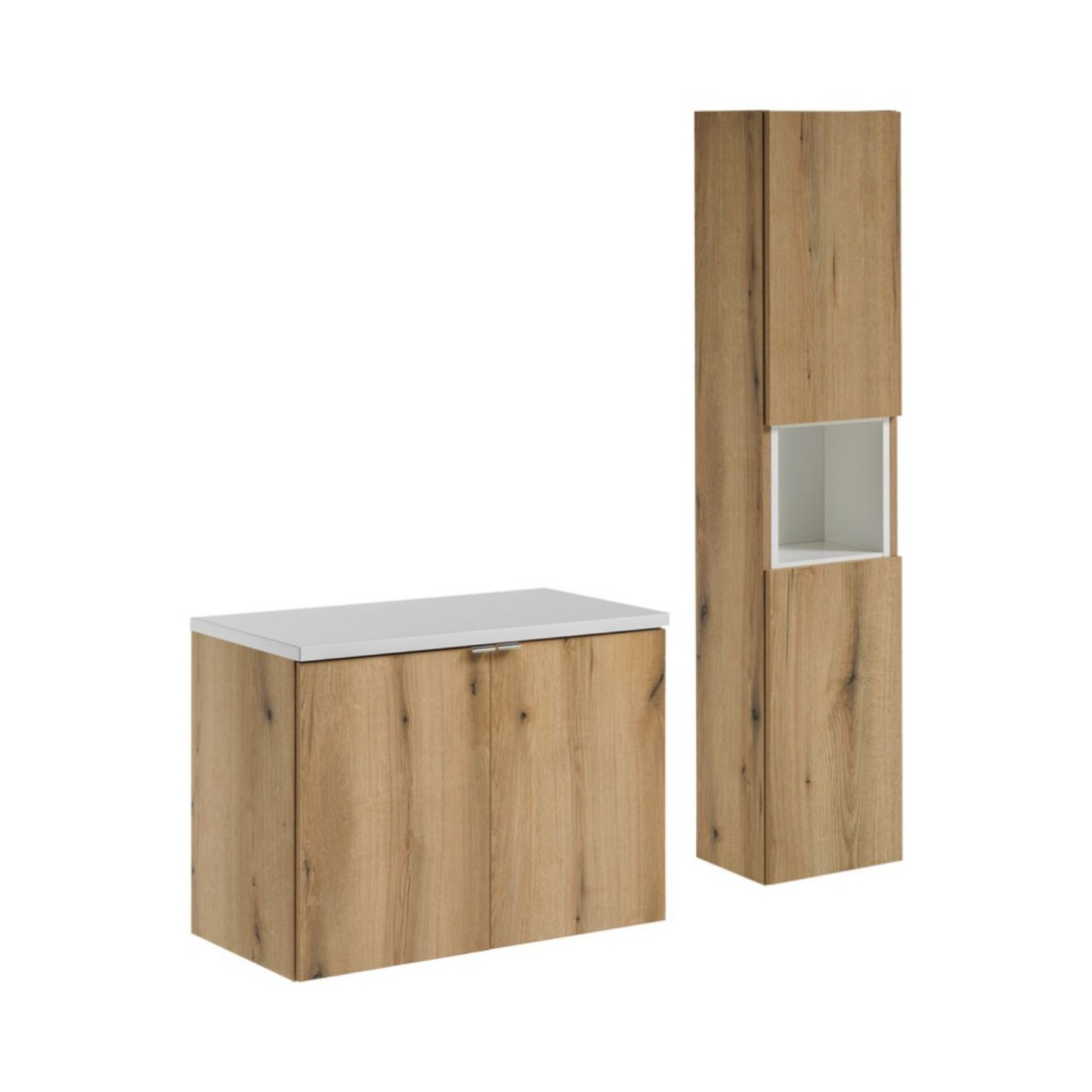 Ensemble VANO chêne et blanc 110cm : meuble sous vasque à placards, plan pour vasque blanc et colonne