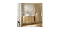 Ensemble VANO chêne et blanc 110cm : meuble sous vasque à placards, plan pour vasque blanc et colonne mis en situation