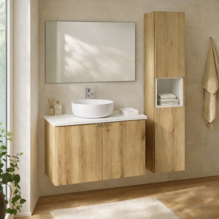 Set da bagno VANO in rovere e bianco 110cm: mobile sotto lavabo con ante + piano per lavabo + colonna