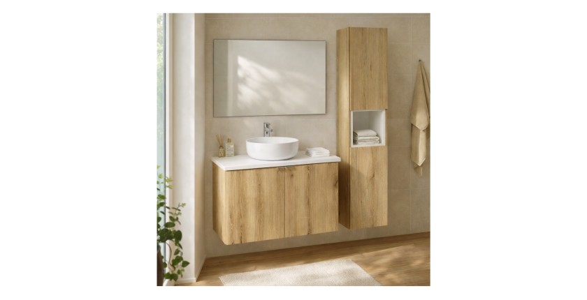 Ensemble VANO chêne et blanc 110cm : meuble sous vasque à placards, plan pour vasque blanc et colonne mis en situation