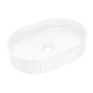 Vasque ovale à poser en céramique blanche rainurée verticalement
