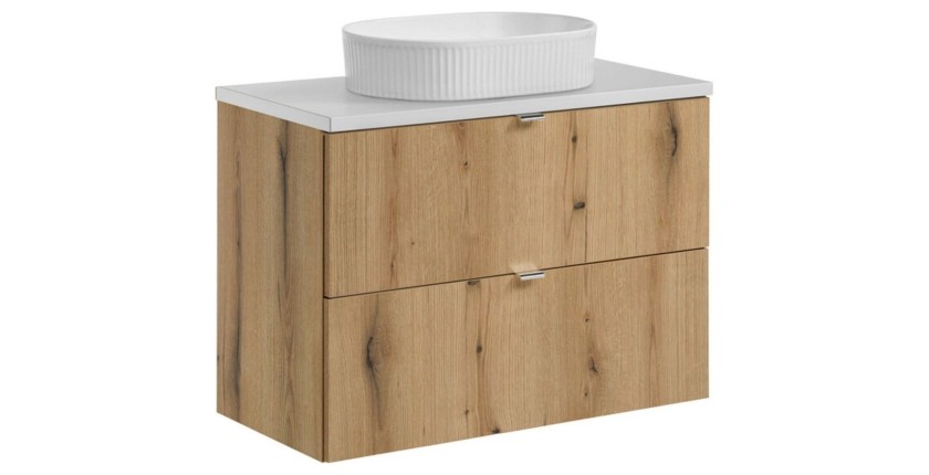 Ensemble VANO chêne et blanc 80cm : meuble sous vasque à tiroirs, plan pour vasque blanc et vasque à poser