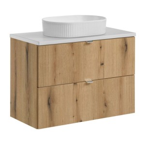 Ensemble VANO chêne et blanc 80cm : meuble sous vasque à tiroirs, plan pour vasque blanc et vasque à poser