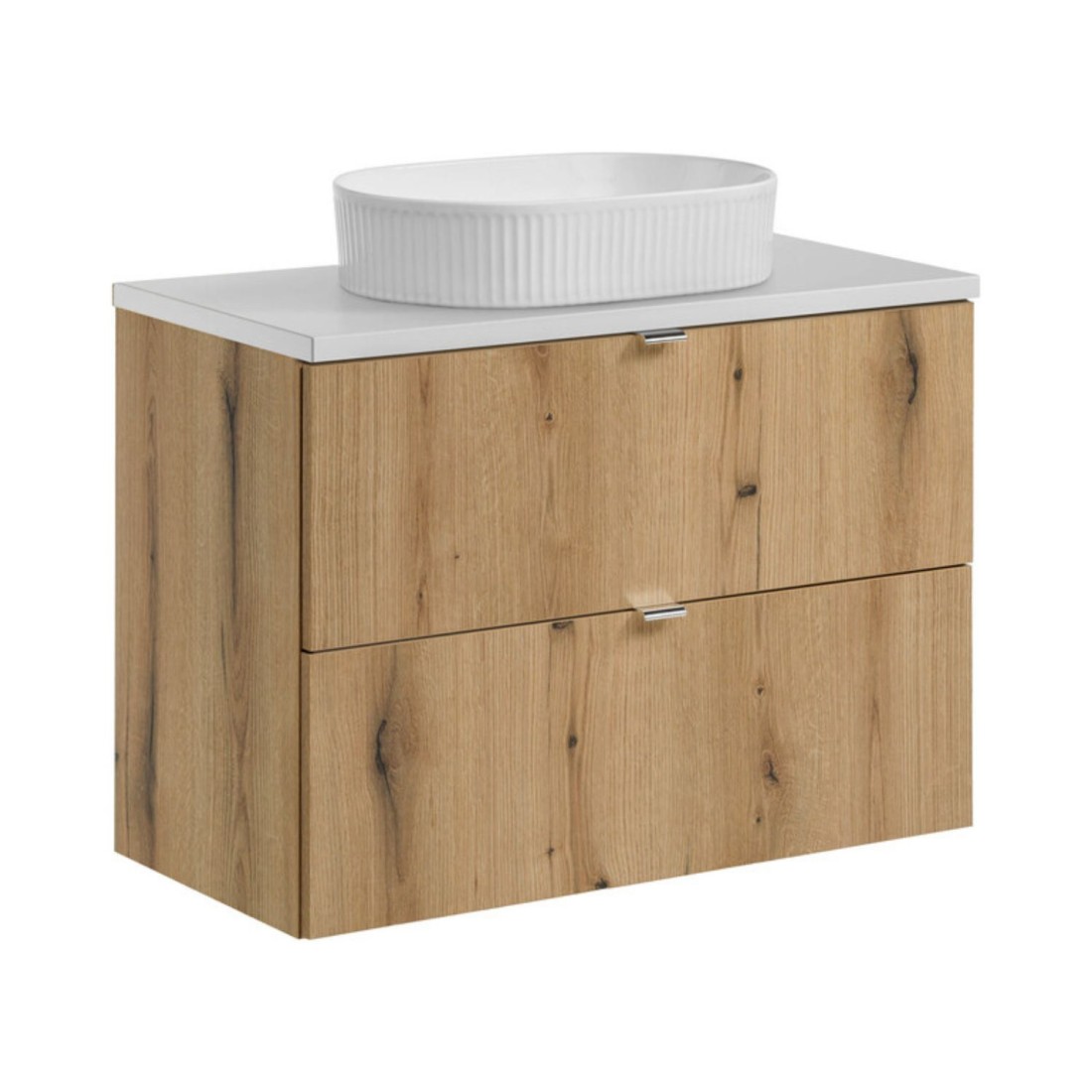 Ensemble VANO chêne et blanc 80cm : meuble sous vasque à tiroirs, plan pour vasque blanc et vasque à poser