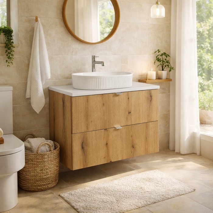 Ensemble VANO chêne et blanc 80cm : meuble sous vasque à tiroirs, plan pour vasque blanc et vasque à poser mis en situation