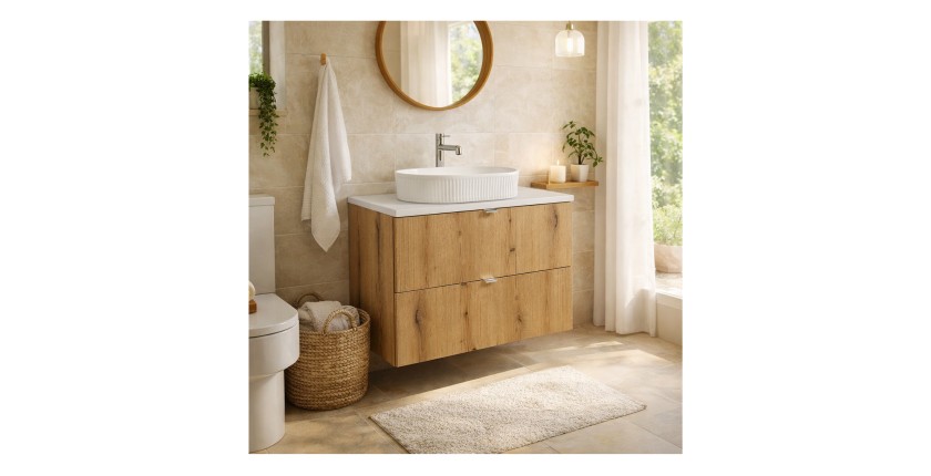 Ensemble VANO chêne et blanc 80cm : meuble sous vasque à tiroirs, plan pour vasque blanc et vasque à poser mis en situation