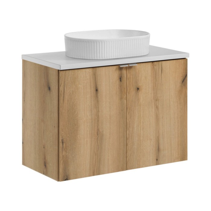 Conjunto VANO de aspecto roble y blanco 80cm: muebles bajo lavabo con armarios + encimera para lavabo + lavabo sobre encimera bl