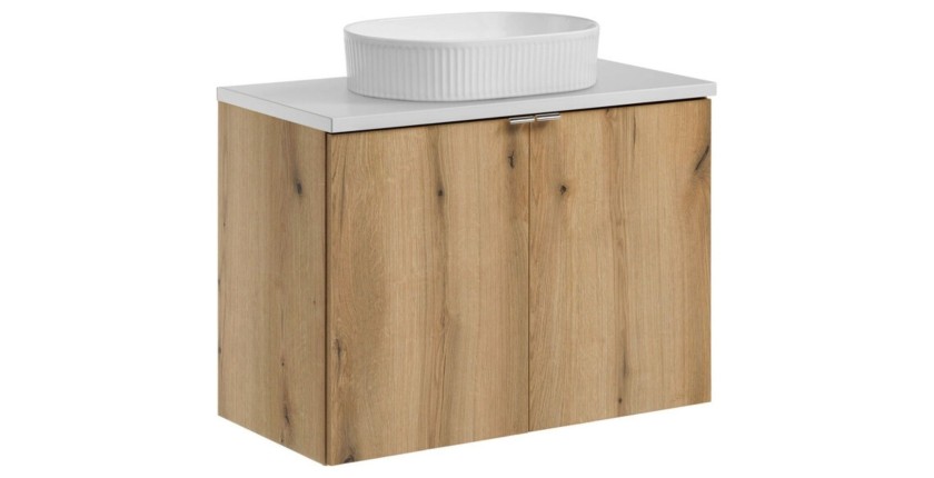 Ensemble VANO chêne et blanc 80cm : meuble sous vasque à placards, plan pour vasque blanc et vasque à poser