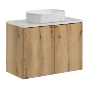 Ensemble VANO chêne et blanc 80cm : meuble sous vasque à placards, plan pour vasque blanc et vasque à poser