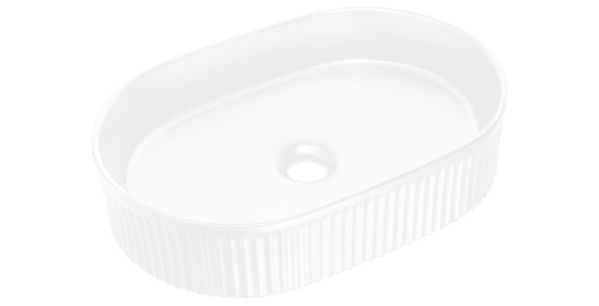 Vasque ovale à poser en céramique blanche rainurée verticalement