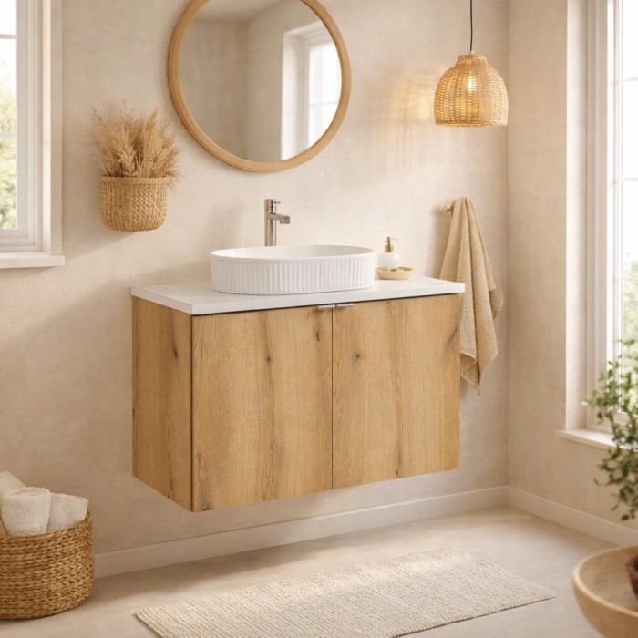 Conjunto VANO de aspecto roble y blanco 80cm: muebles bajo lavabo con armarios + encimera para lavabo + lavabo sobre encimera bl
