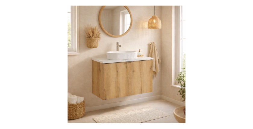 Ensemble VANO chêne et blanc 80cm : meuble sous vasque à placards, plan pour vasque blanc et vasque à poser mis en situation