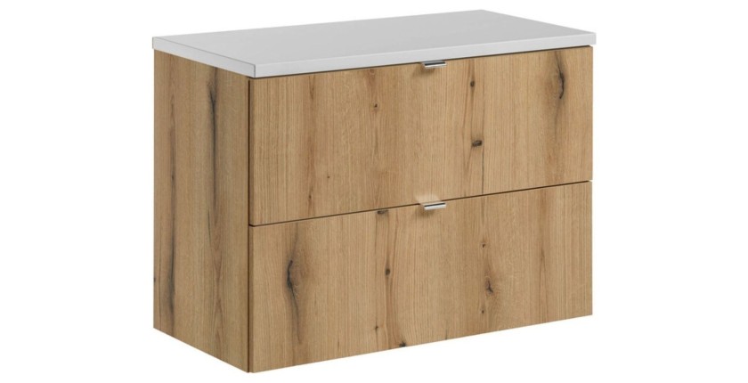Ensemble VANO chêne et blanc 80cm : meuble sous vasque à tiroirs et plan pour vasque blanc