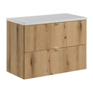 Ensemble VANO chêne et blanc 80cm : meuble sous vasque à tiroirs et plan pour vasque blanc