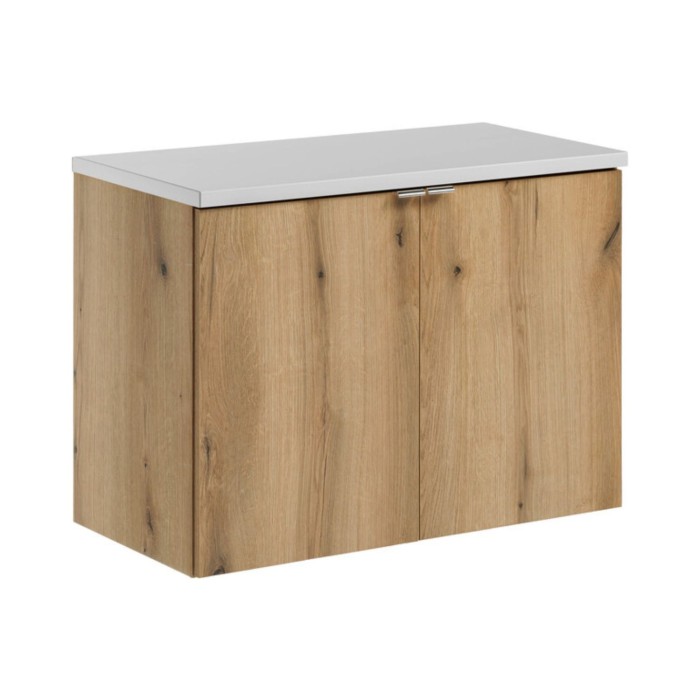Set da bagno sospeso VANO in rovere e bianco 80cm: mobile sotto lavabo con armadietti + piano per lavabo