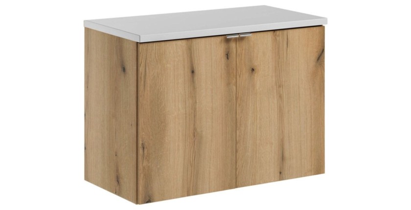 Ensemble VANO chêne et blanc 80cm : meuble sous vasque à placards et plan pour vasque blanc