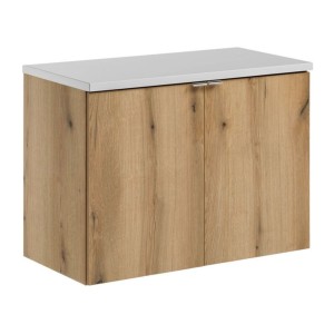 Ensemble VANO chêne et blanc 80cm : meuble sous vasque à placards et plan pour vasque blanc