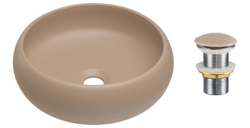 Vasque à poser ronde 36 cm cappuccino avec bonde clic clac beige