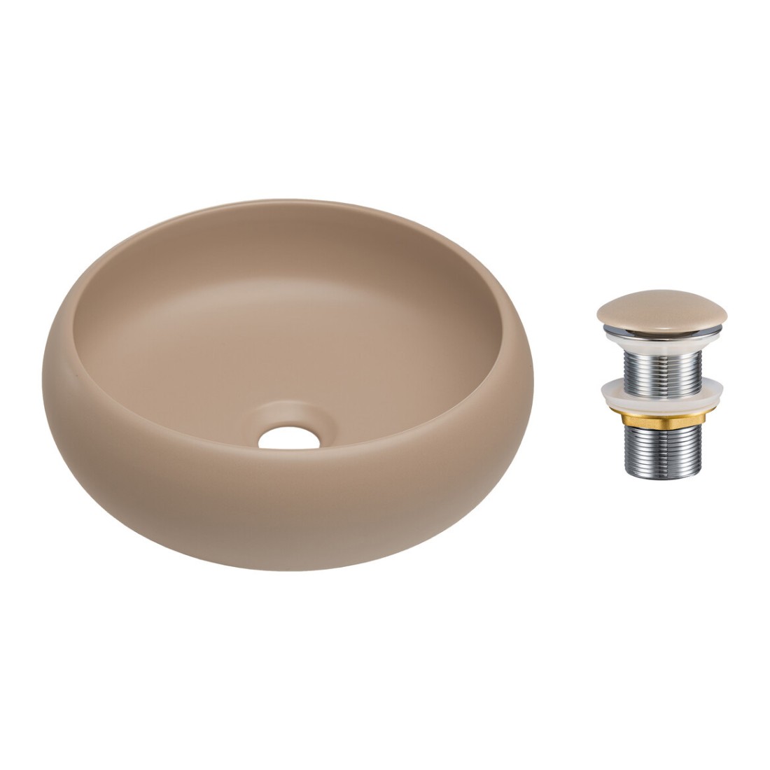 Vasque à poser ronde 36 cm cappuccino avec bonde clic clac beige