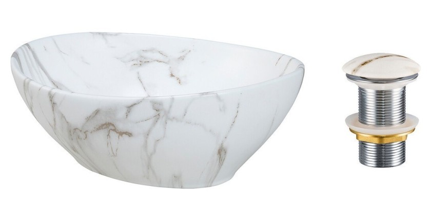 Vasque à poser ovale 41x33 cm effet marbre avec bonde clic clac
