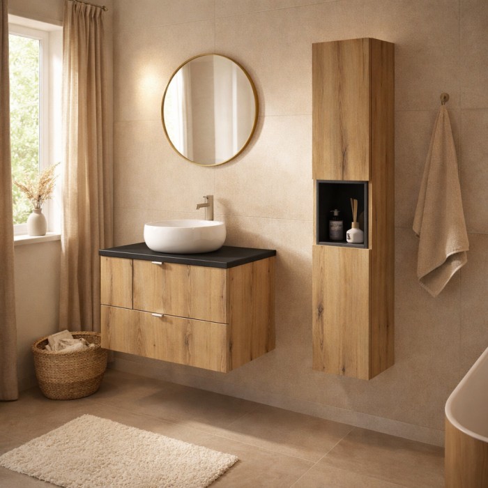 Set da bagno VANO in rovere e nero 110cm: mobile sottolavabo con cassetti + piano per lavabo + colonna