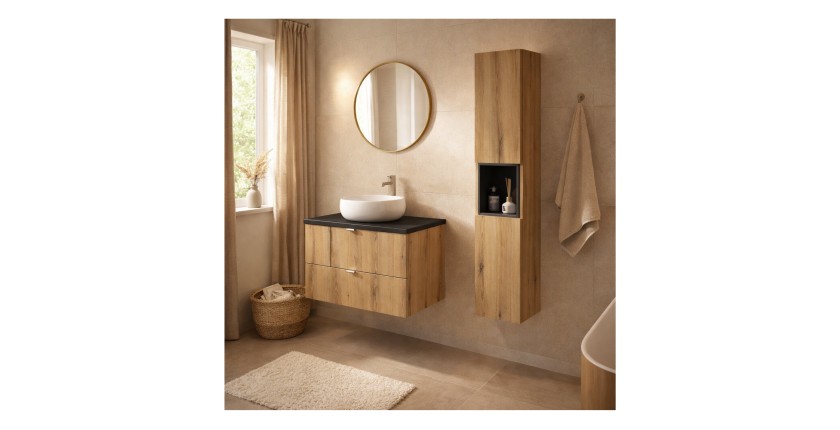 Ensemble VANO chêne et noir 110cm : meuble sous vasque à tiroirs, plan pour vasque noir et colonne mis en situation