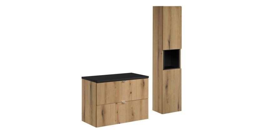 Ensemble VANO chêne et noir 110cm : meuble sous vasque à tiroirs, plan pour vasque noir et colonne